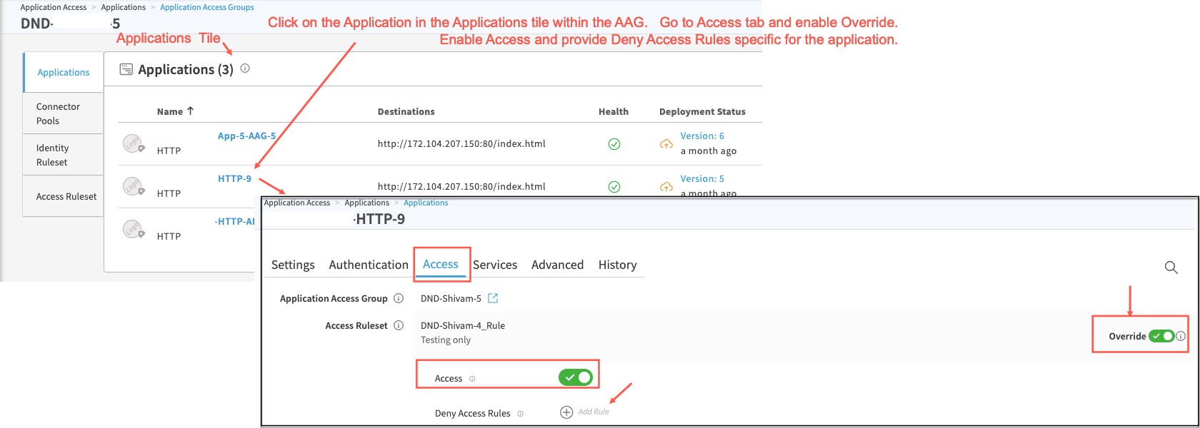 override access ruleset for specific app