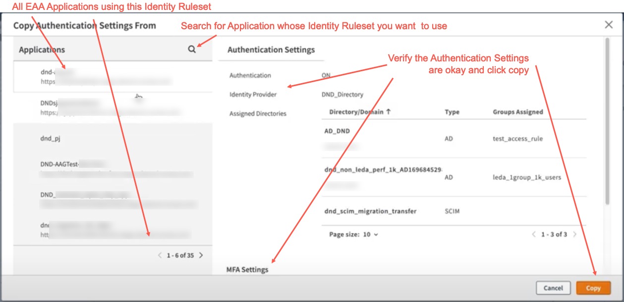 Copy Identity Ruleset from Authentication Settings