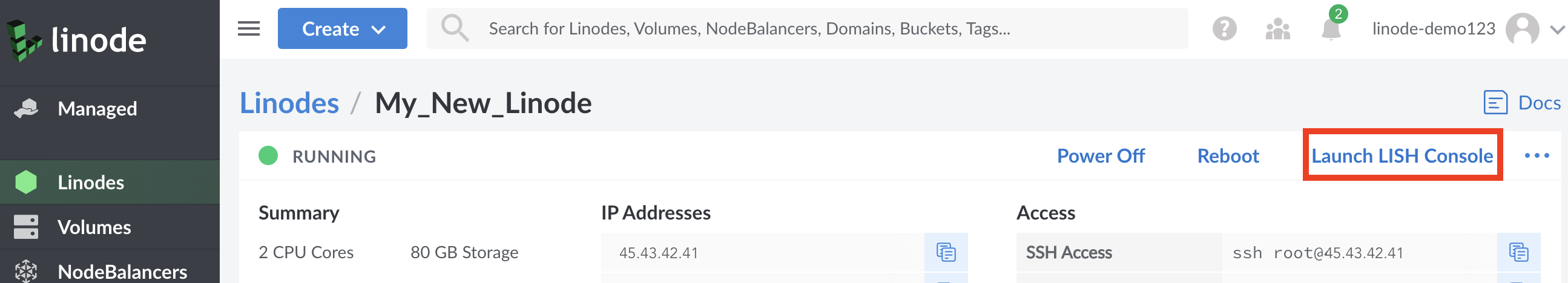 <<CLOUD_PORTAL>> Linode detail page - Launch Console button highlighted