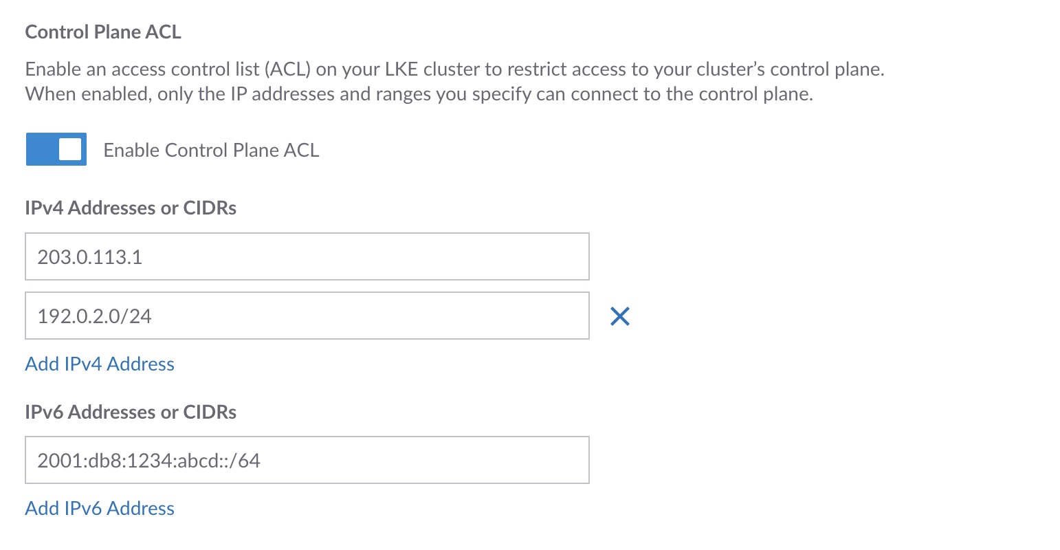 Screenshot of the Control Plane ACL section during cluster creation