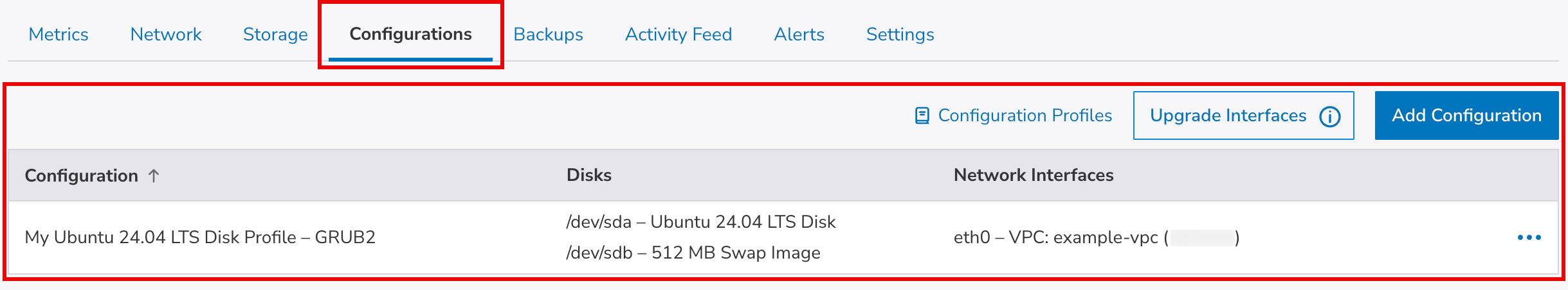 A screenshot of the Configurations tab.