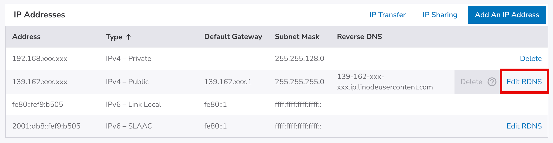 Select 'Edit RDNS' option from the IP address menu.