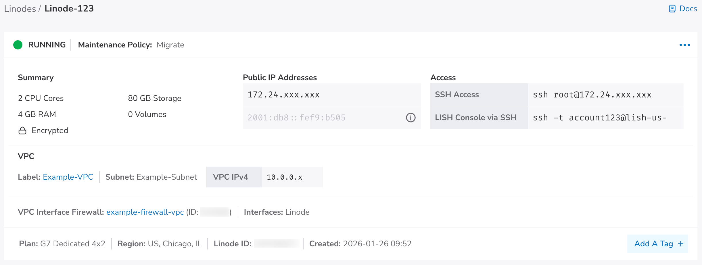 A screenshot of the Linode's details page.