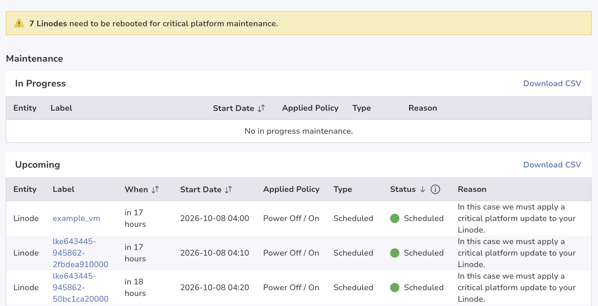 A screenshot of the Maintenance page in Cloud Manager