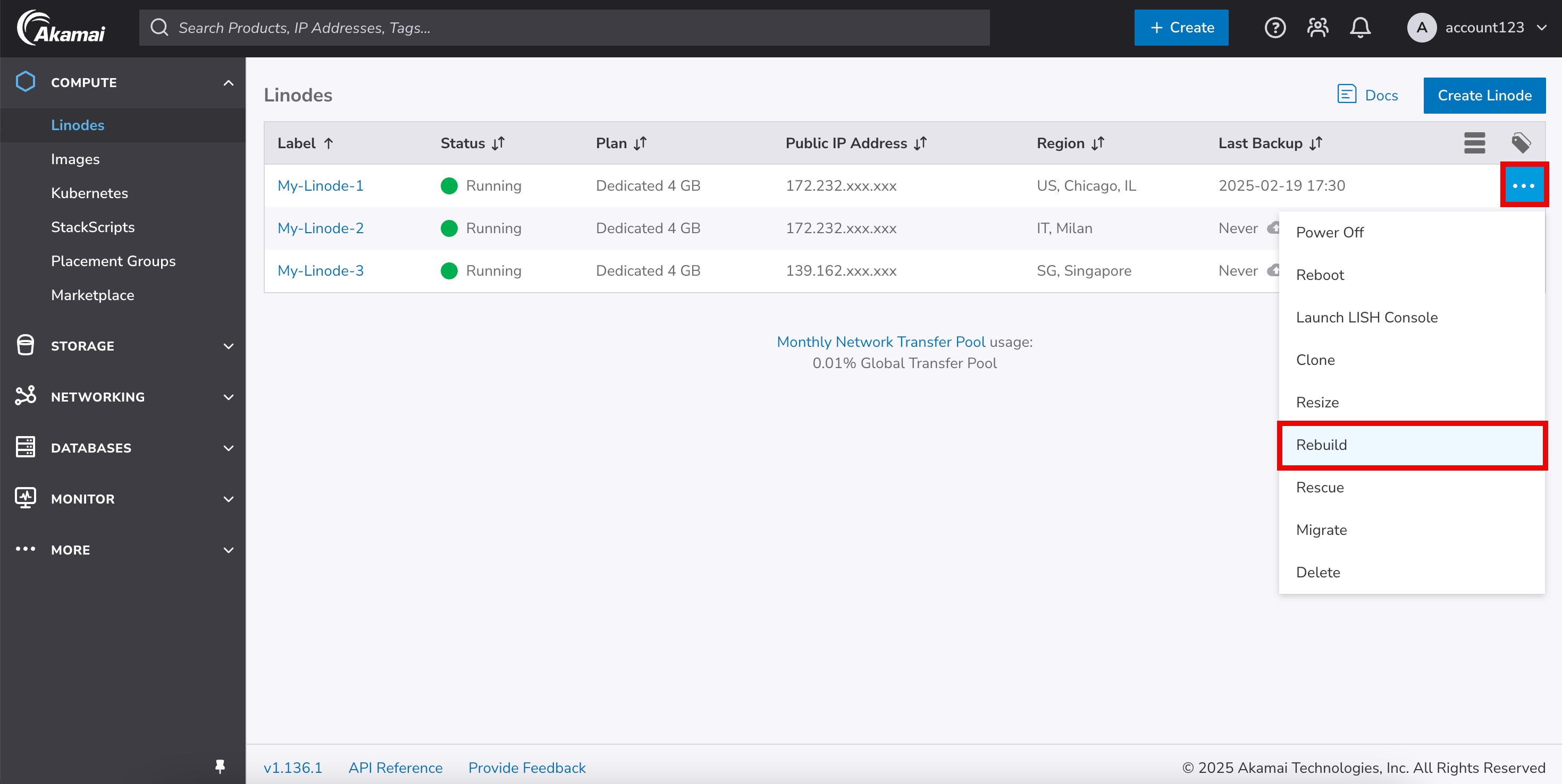 <<CLOUD_PORTAL>> Linodes page - rebuild option highlighted