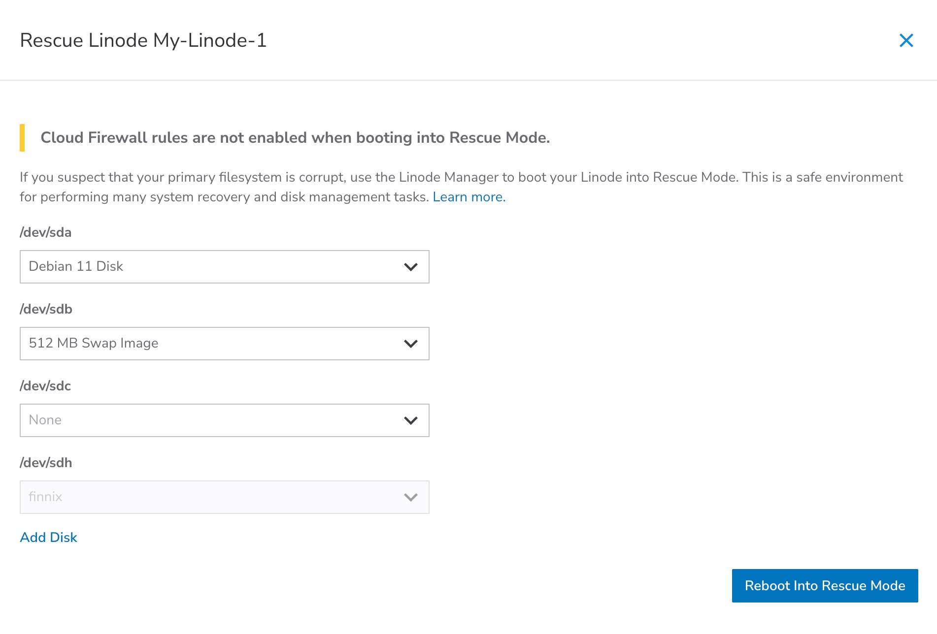 <<CLOUD_PORTAL>> Rescue form - /dev/sda highlighted