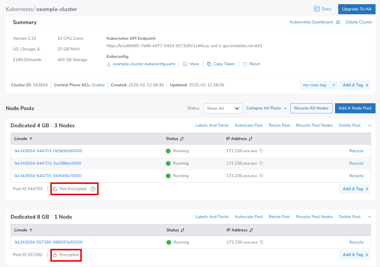 Screenshot of the Node Pools section of a cluster in the Cloud Manager with encryption