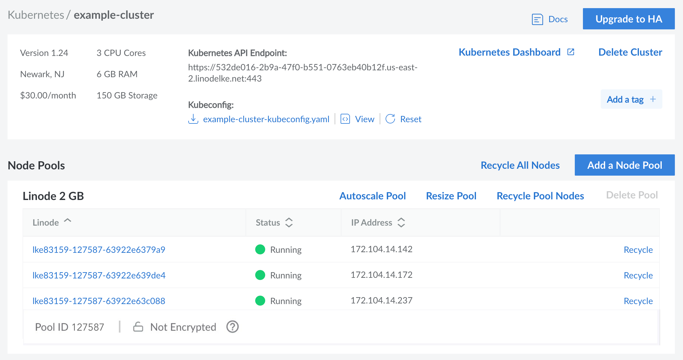 Screenshot of a Kubernetes cluster detail page in <<CLOUD_PORTAL>>