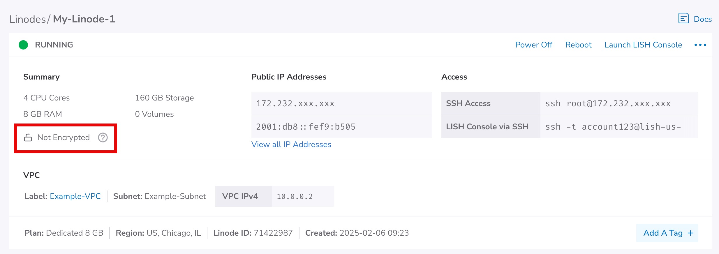 Screenshot of the Compute Instances in the Cloud Manager with and without encryption