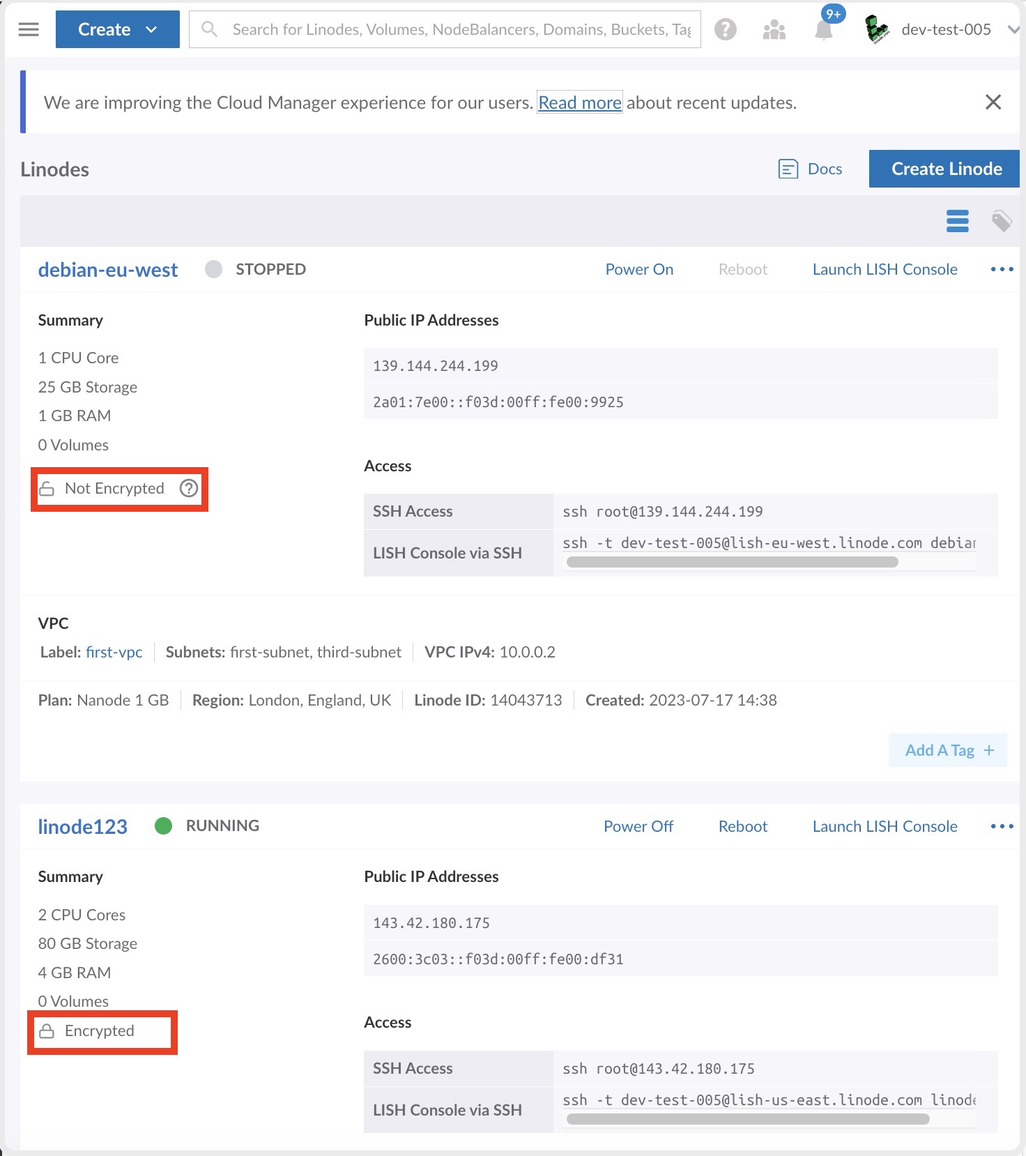 Screenshot of the Compute Instances in the Cloud Manager with and without encryption