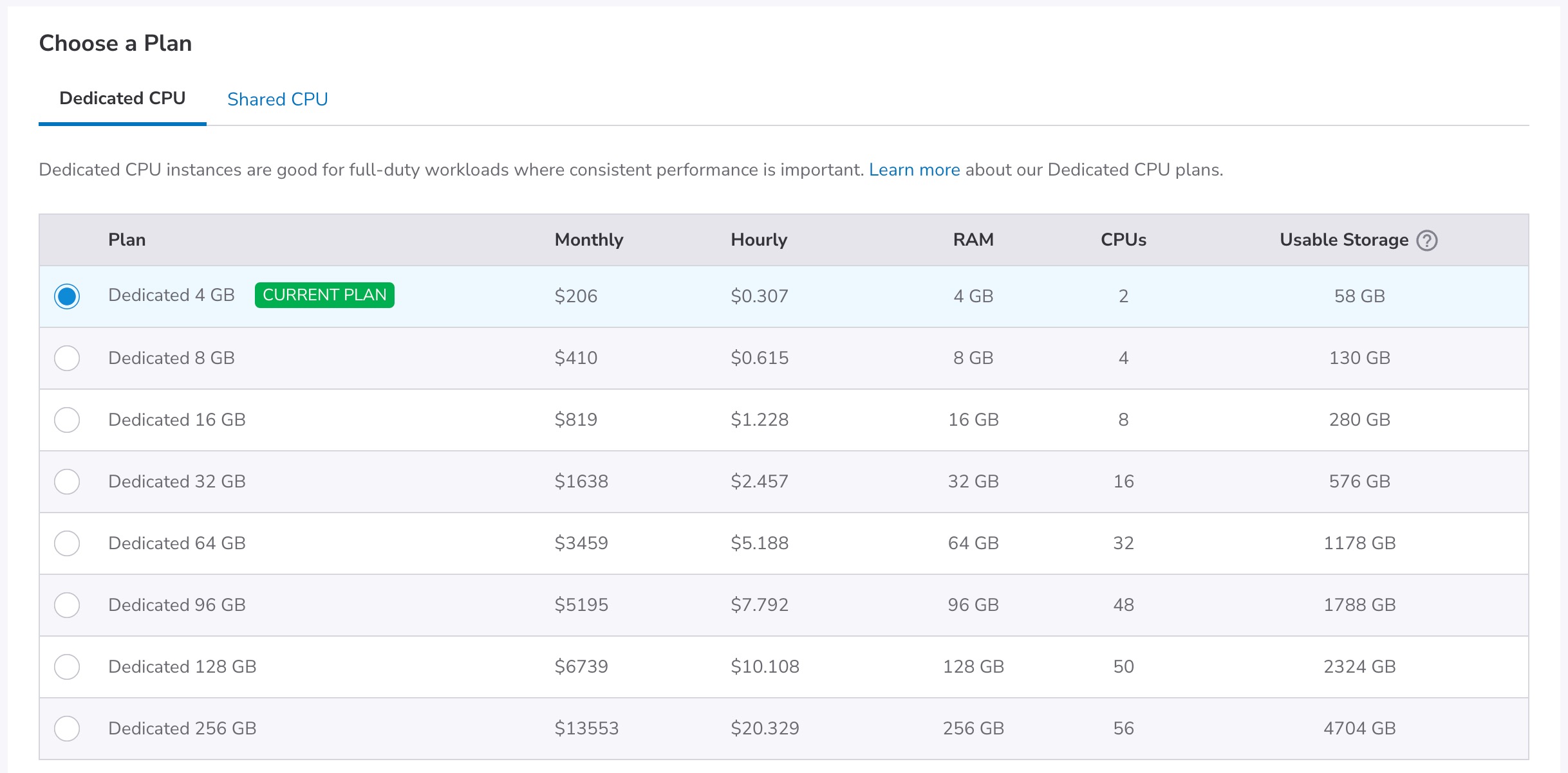 Screenshot of Choose a plan section