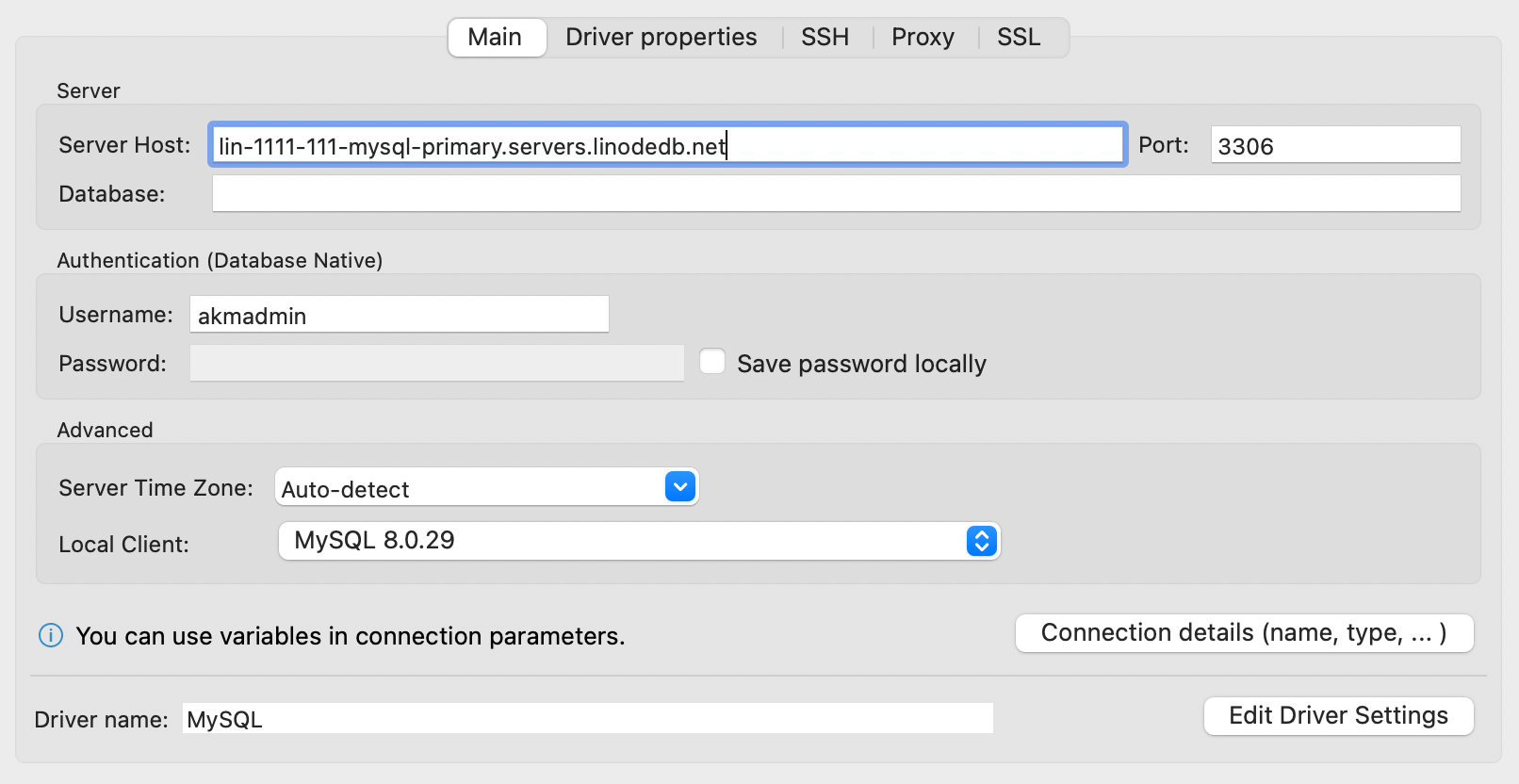 Screenshot of DBeaver's MySQL connection settings.