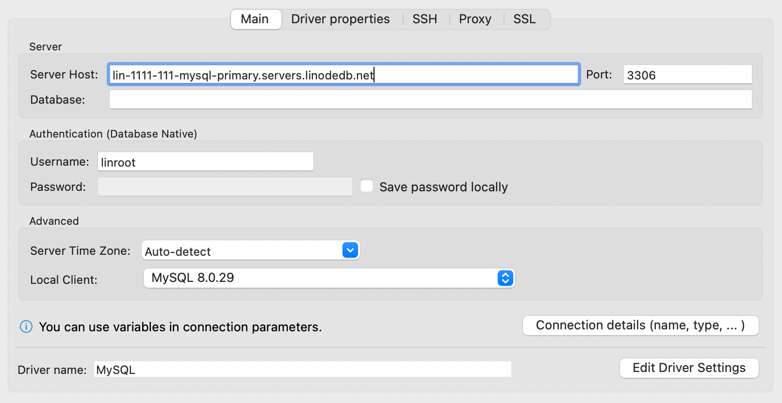 Screenshot of DBeaver's MySQL connection settings.