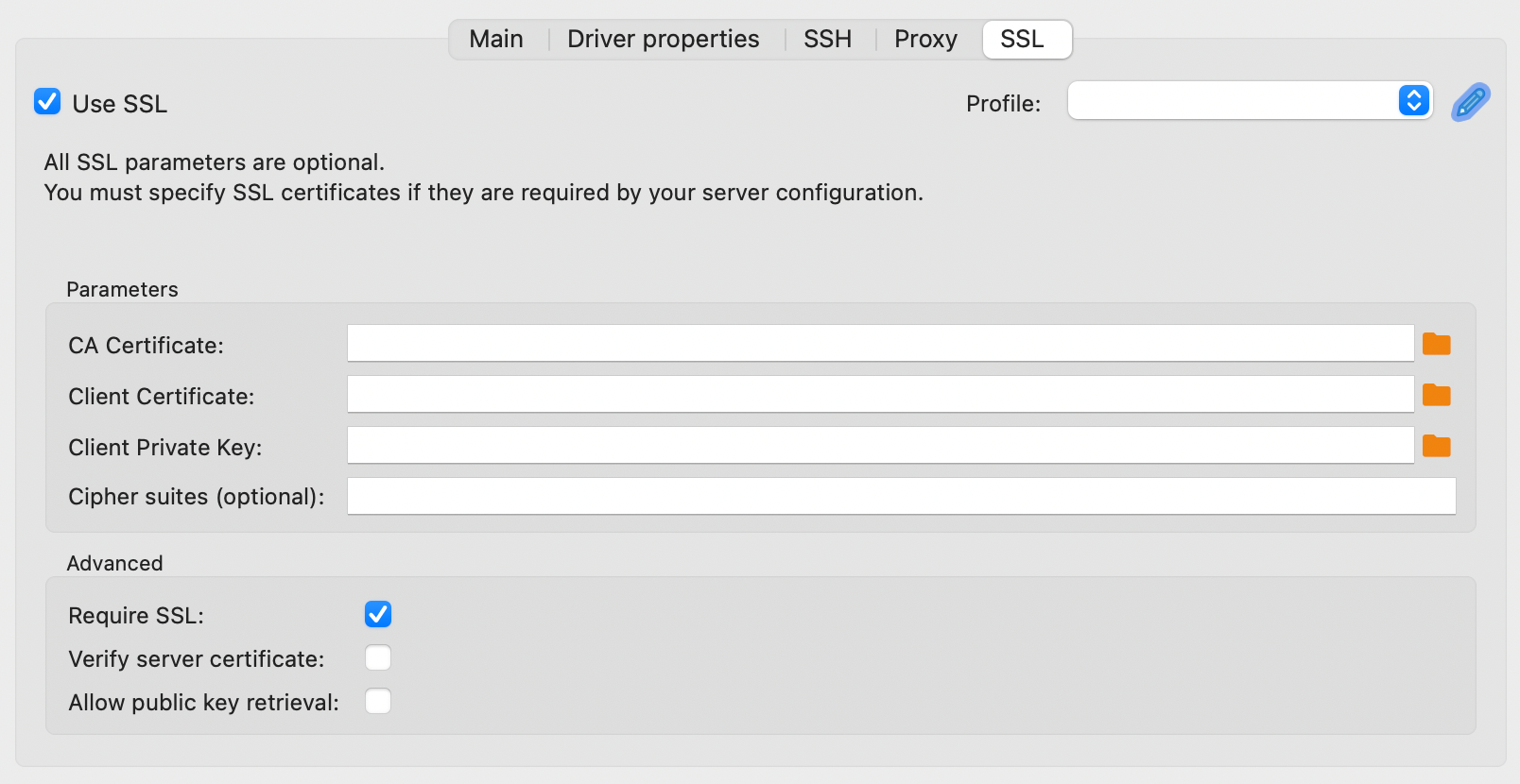 Screenshot of DBeaver's MySQL SSL connection settings.