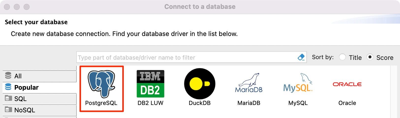 Screenshot of the DBeaver database selection screen with PostgreSQL highlighted