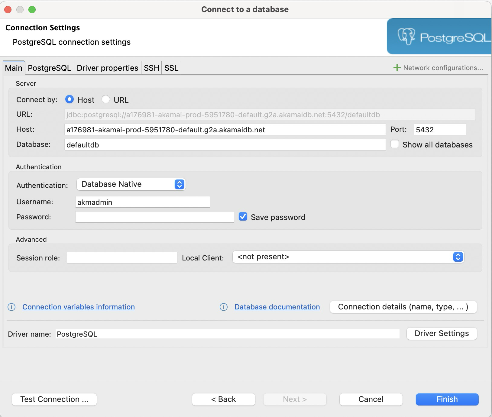 Screenshot of the DBeaver PostgreSQL connection details window