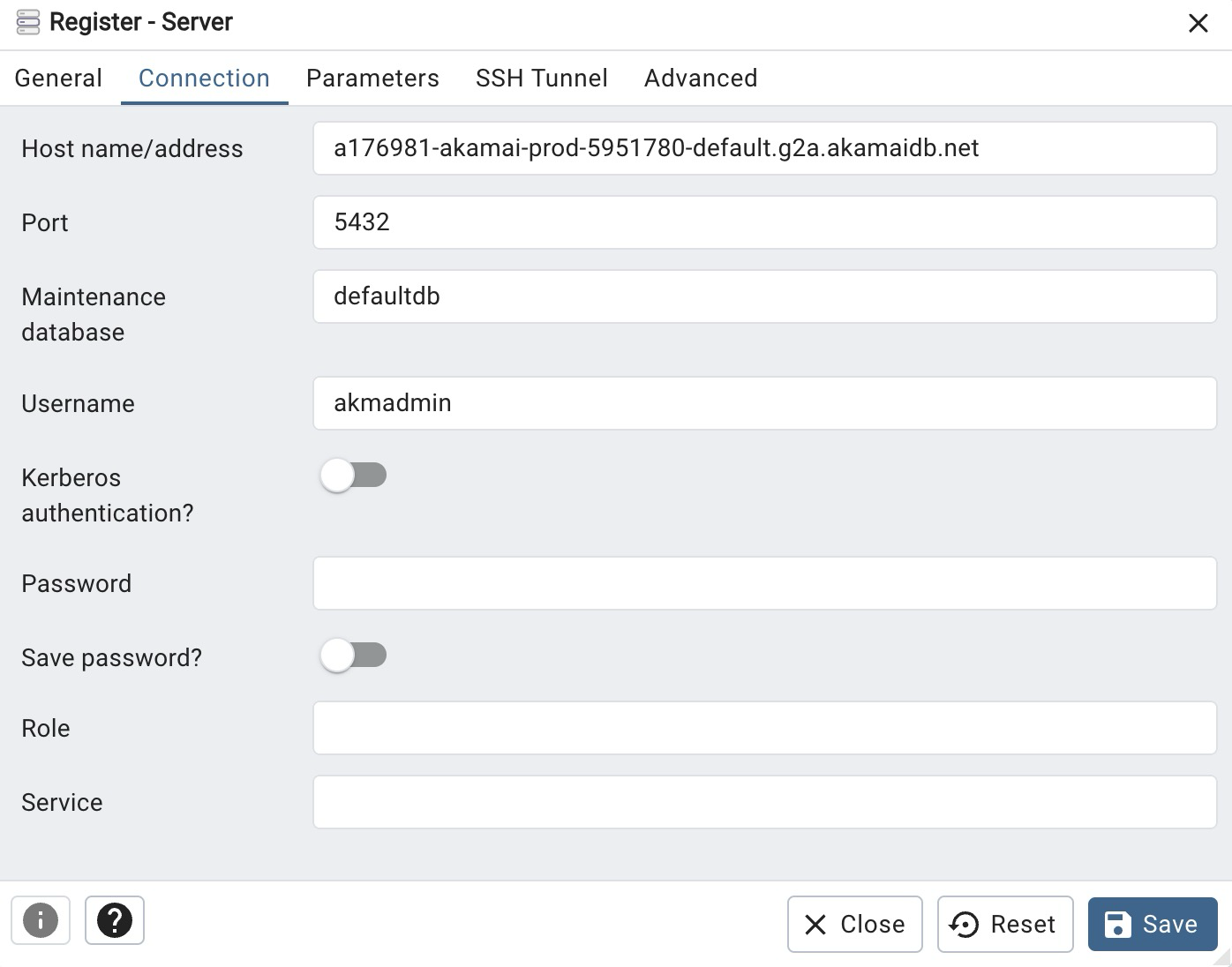 Screenshot of the Connection tab within the Register Server form