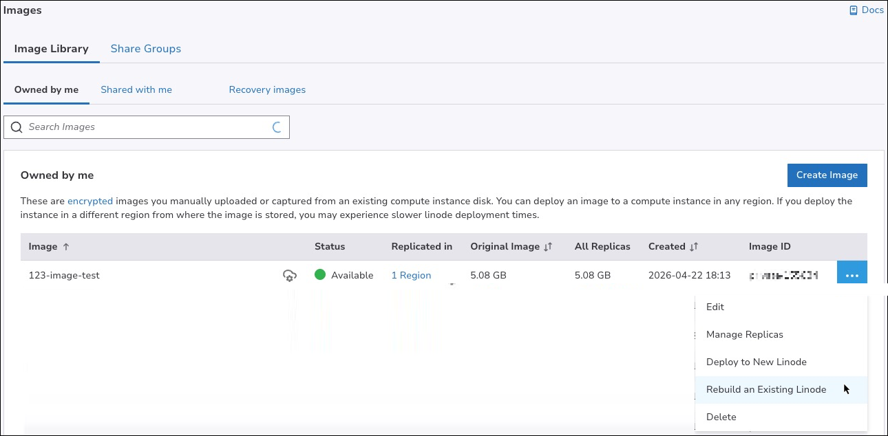 A screenshot showing the Rebuild an Existing Linode option within the more options ellipsis menu.