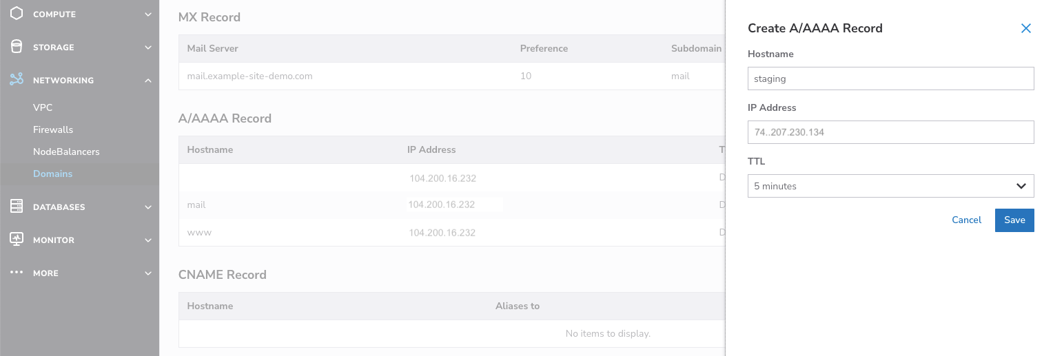 Create a new A record, following the instructions in the "Adding" section. Add the subdomain text to the "Hostname" field. For example, you could type "staging" - NOT "staging.example-site-demo.com".