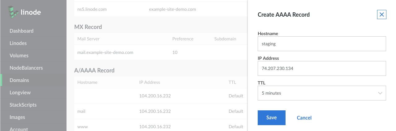 Create a new A record, following the instructions in the "Adding" section. Add the subdomain text to the "Hostname" field. For example, you could type "staging" - NOT "staging.example-site-demo.com".