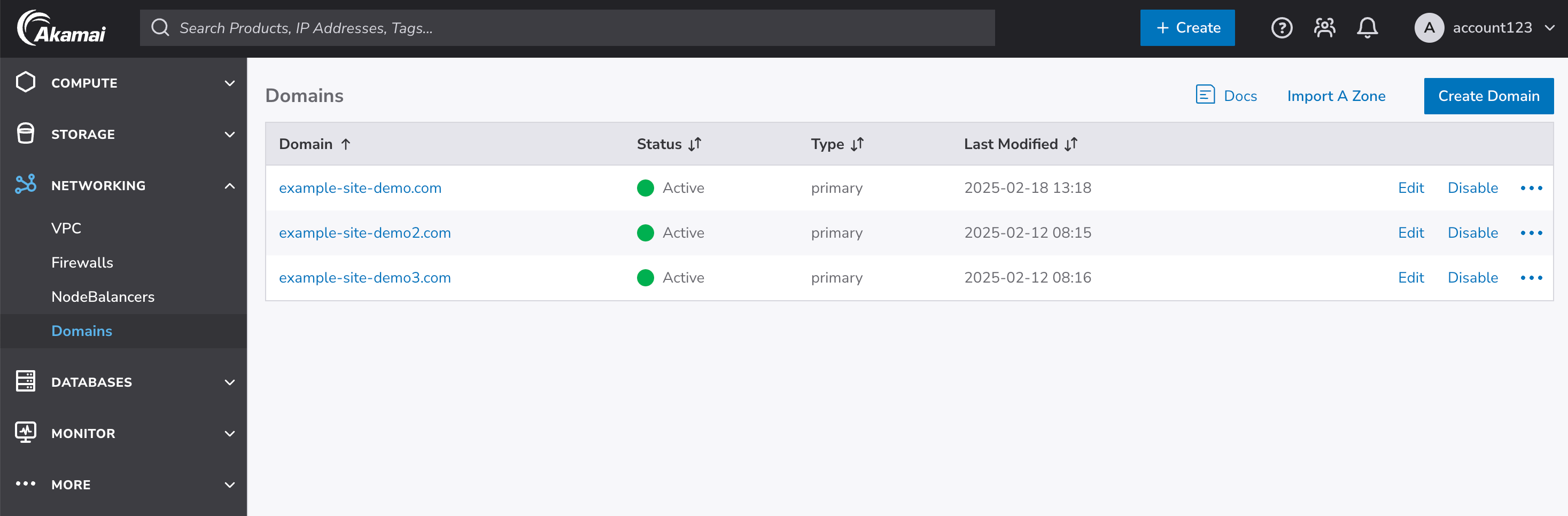 This page shows the Domains page with three different domain zones listed.