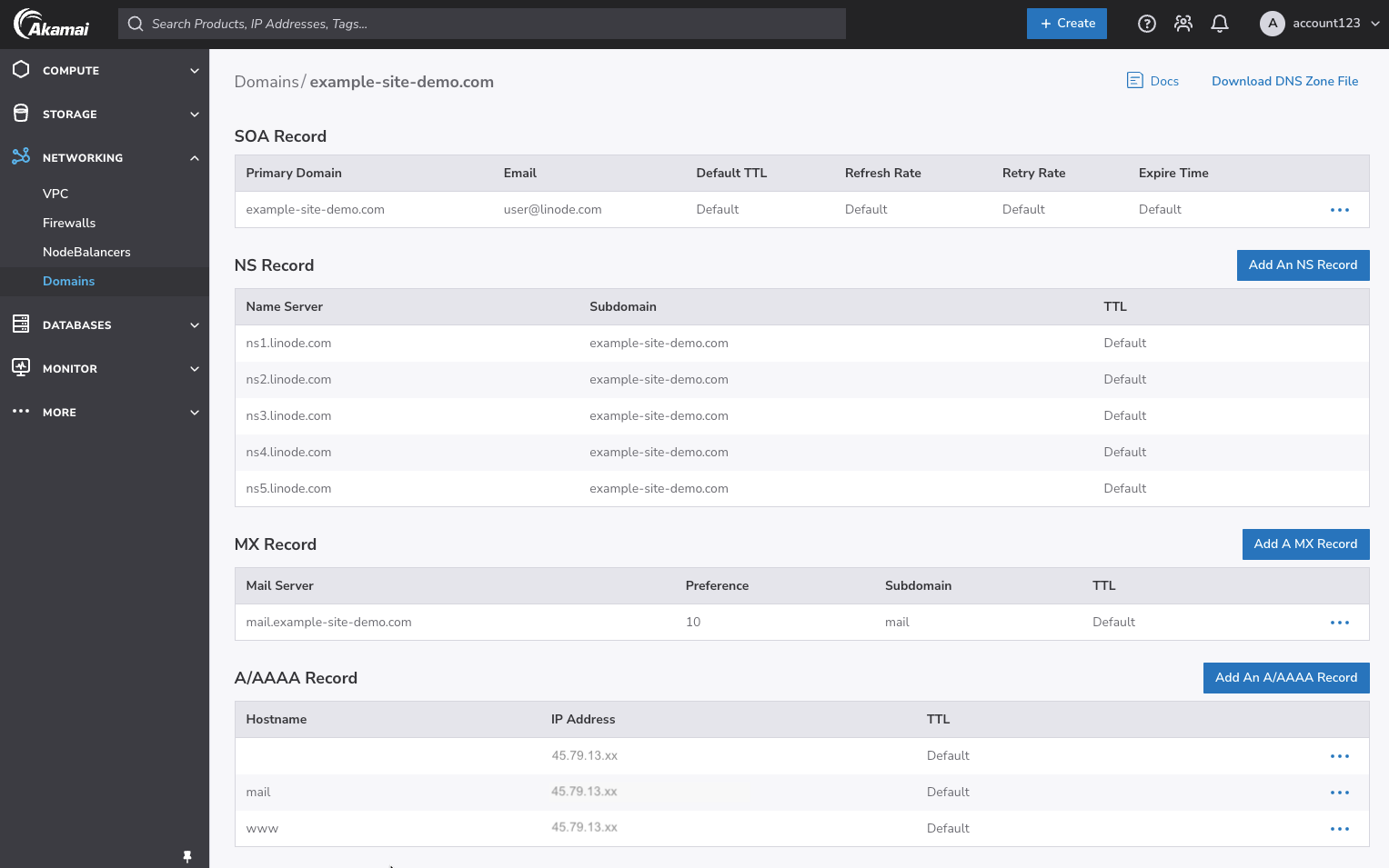 The SOA record is set to "example-site-demo.com". The NS records are set to "ns1.linode.com" through "ns5.linode.com", inclusive. The MX record is set to "mail.example-site-demo.com". There are A records for [blank], which is the primary domain, and the "mail" and "www" subdomains. They are all set to the same IP.