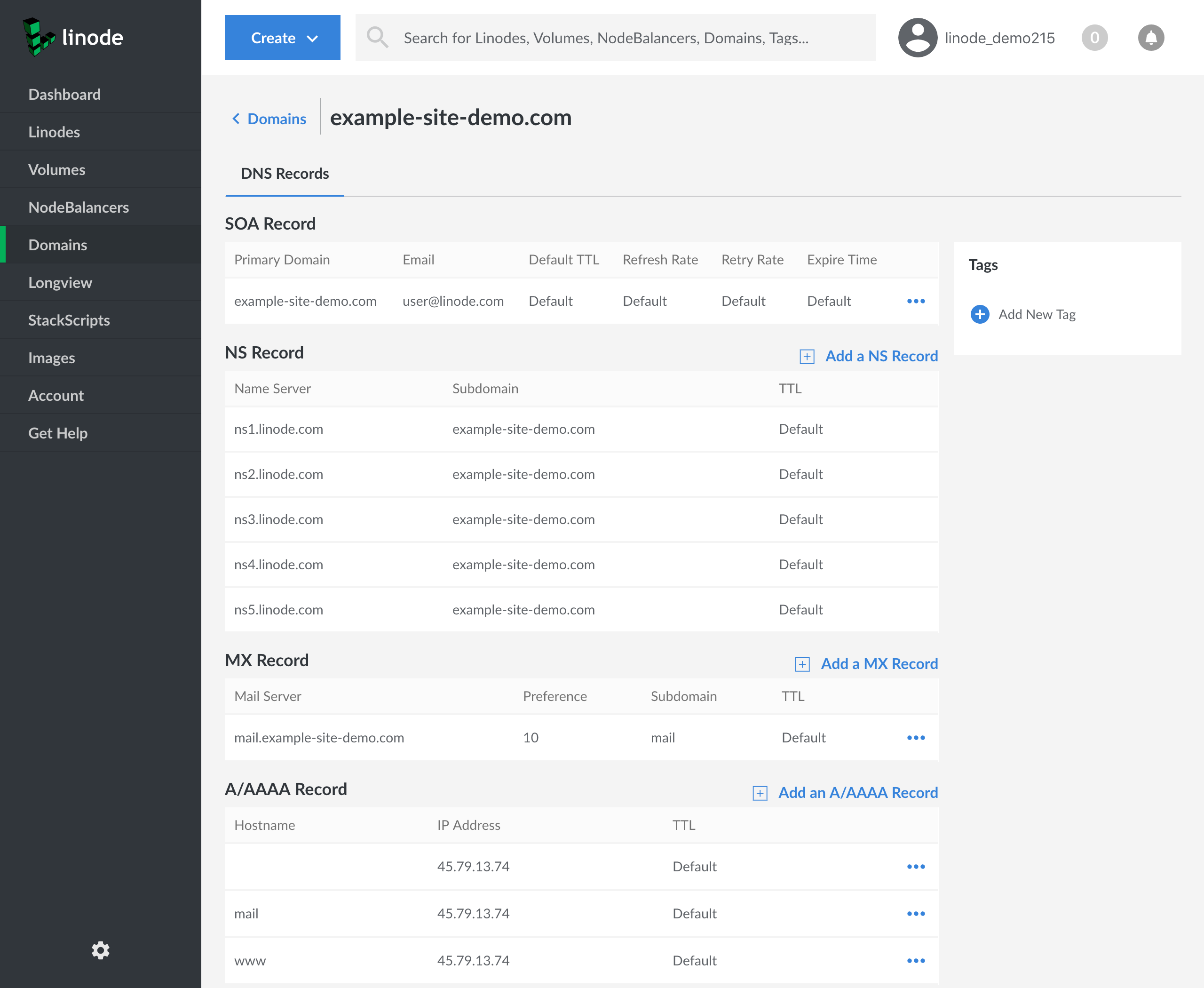 The SOA record is set to "example-site-demo.com". The NS records are set to "ns1.linode.com" through "ns5.linode.com", inclusive. The MX record is set to "mail.example-site-demo.com". There are A records for [blank], which is the primary domain, and the "mail" and "www" subdomains. They are all set to the same IP.