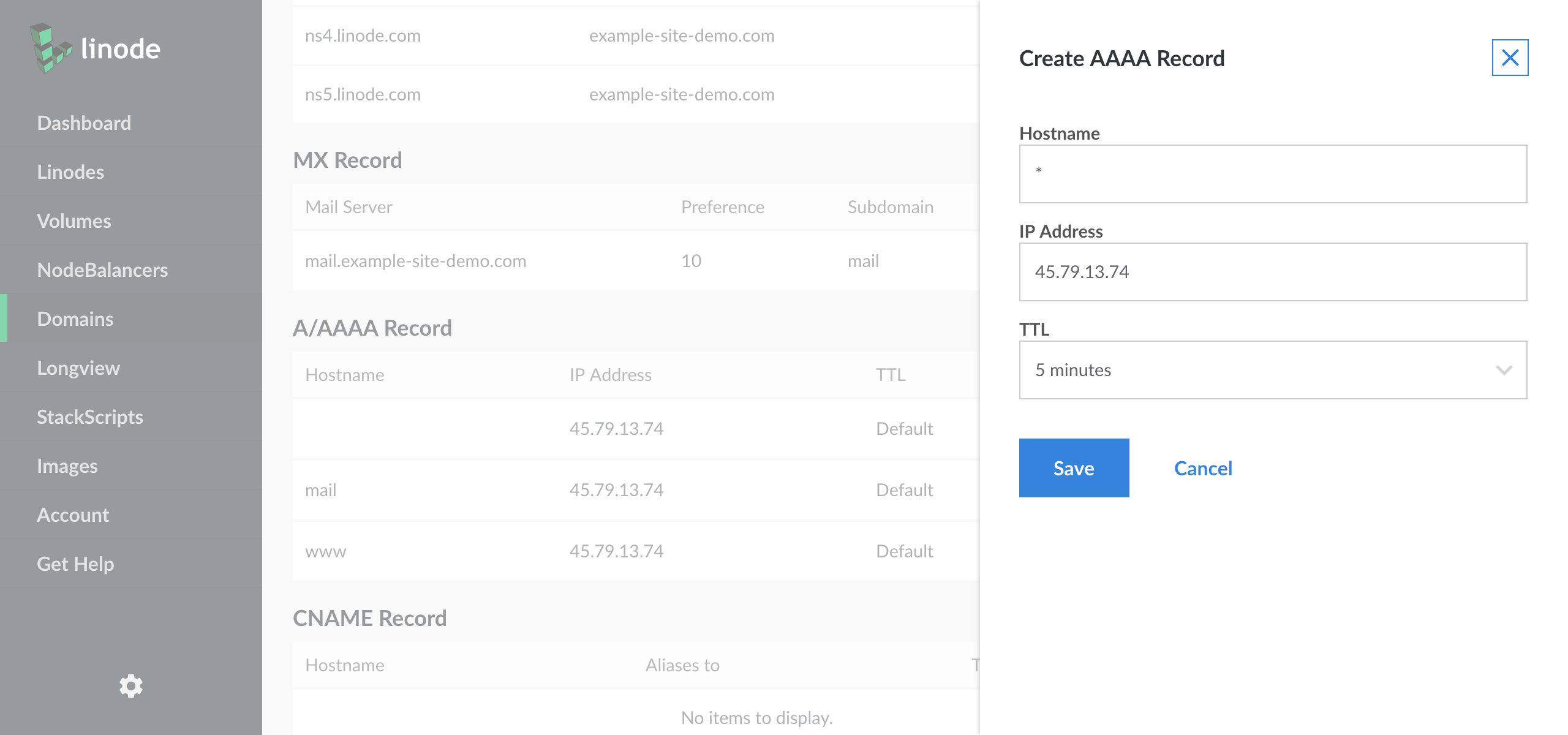 Create a new A record, following the instructions in the "Adding" section. Add a single asterisk (*) in the "Hostname" field. Set your IP address in the "IP Address" field. Then click the "Save Changes" button.