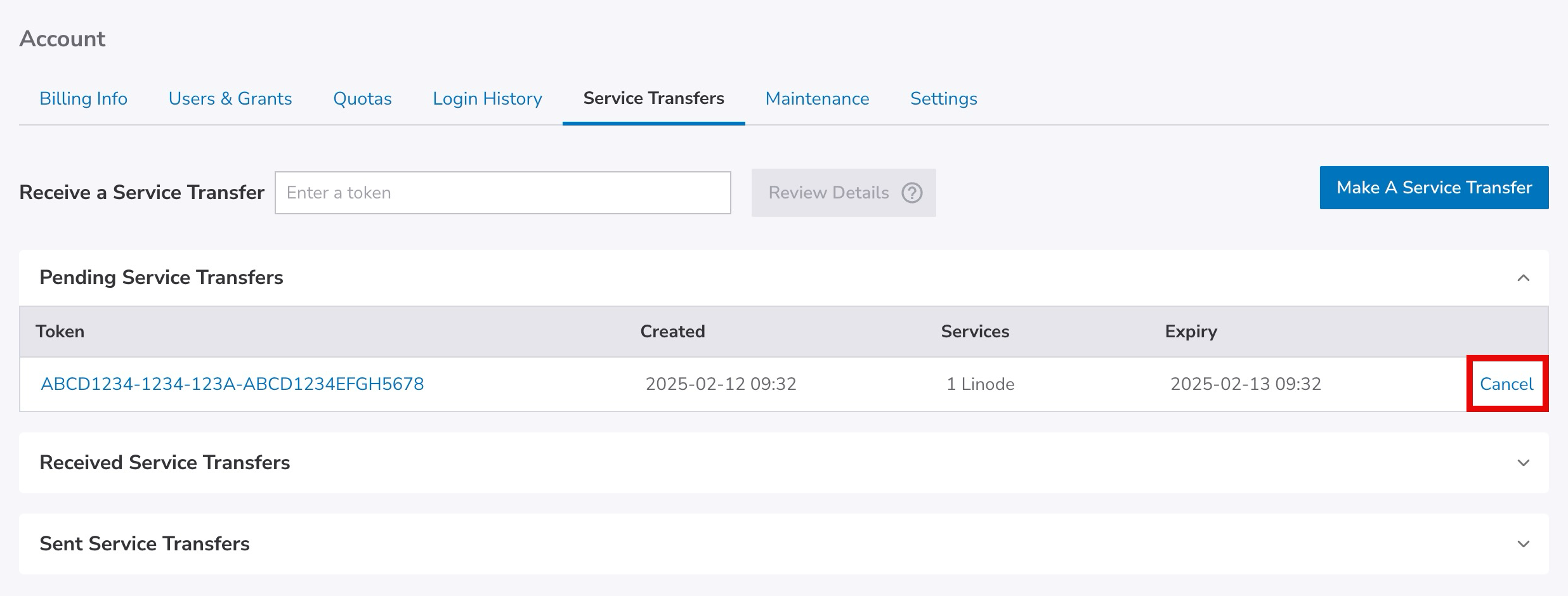 Your cancelled Service Transfers are listed on the Service Transfers page.