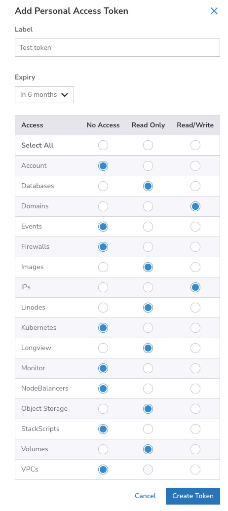 Screenshot of access selector for products and services