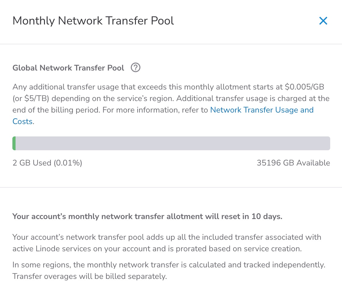 Screenshot of Monthly Network Transfer Pool Overview