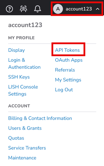 Screenshot of the user dropdown menu with the API Tokens link selected