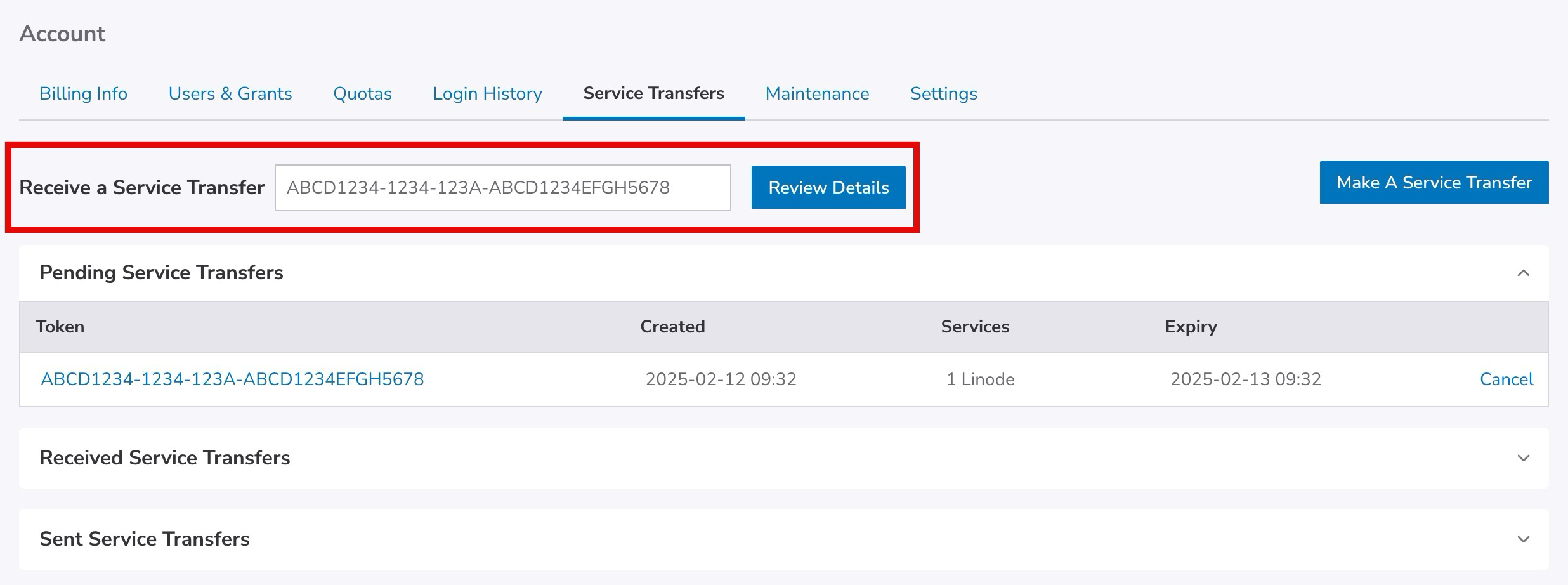 Review the summary of Linode services to be transferred before accepting.