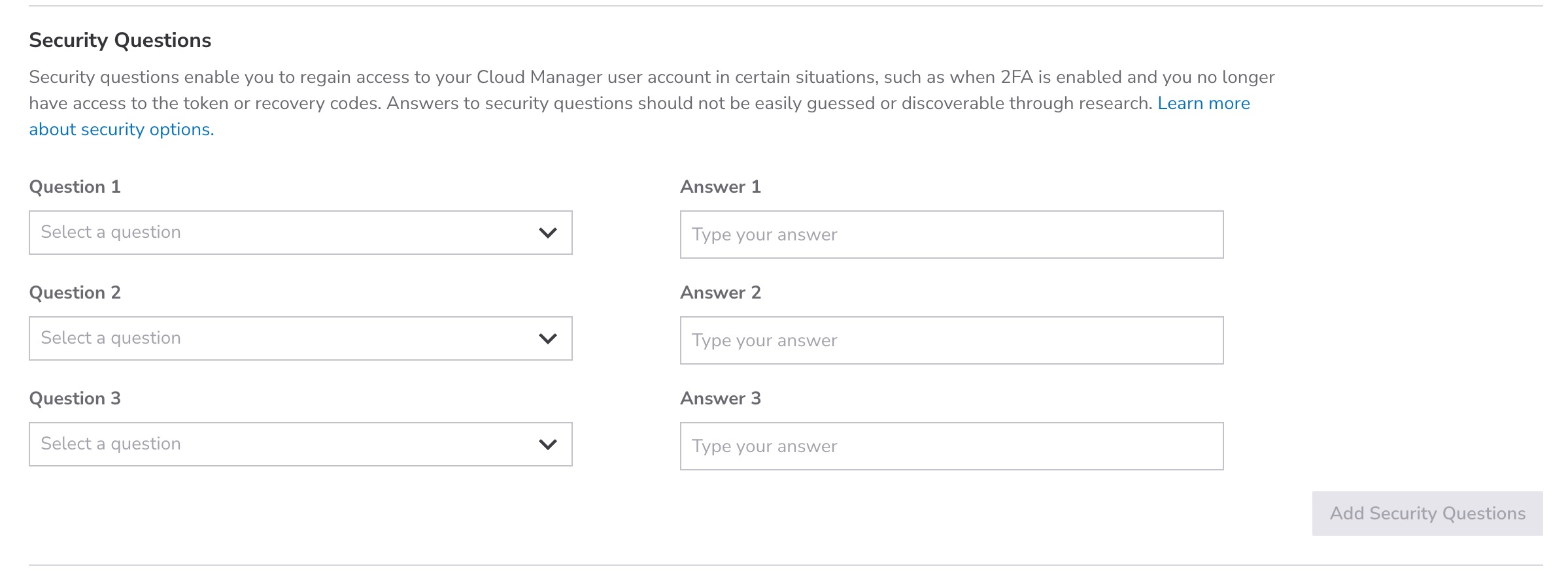 Screenshot of the Security Questions in <<CLOUD_PORTAL>>