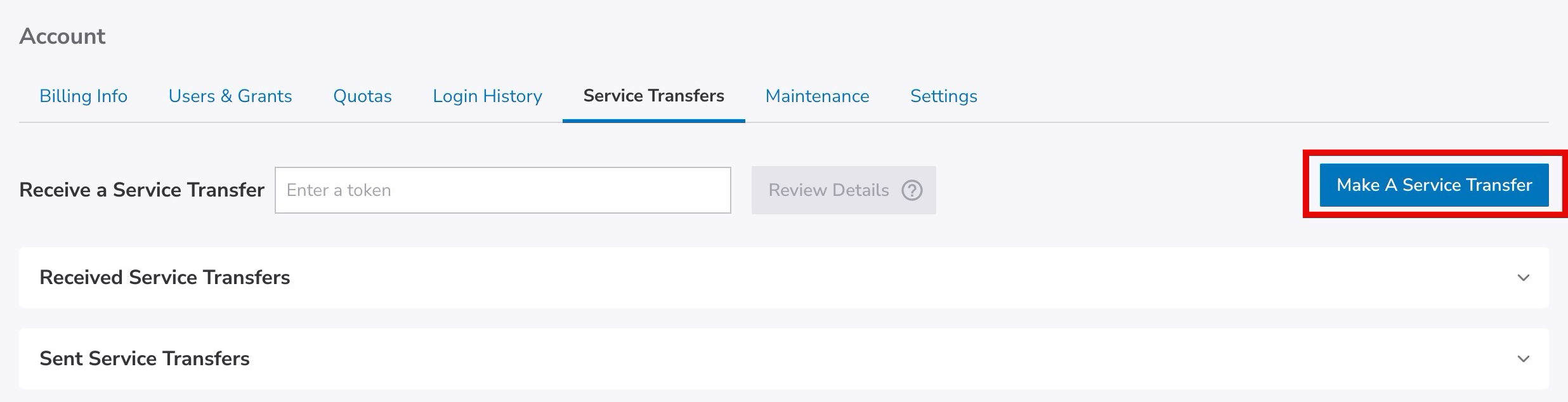 Selecting 'Make a Service Transfer' initiates a transfer request.