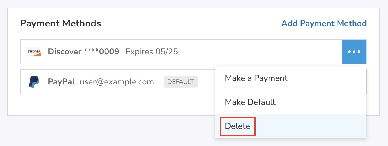 The Delete button within a payment method's dropdown menu