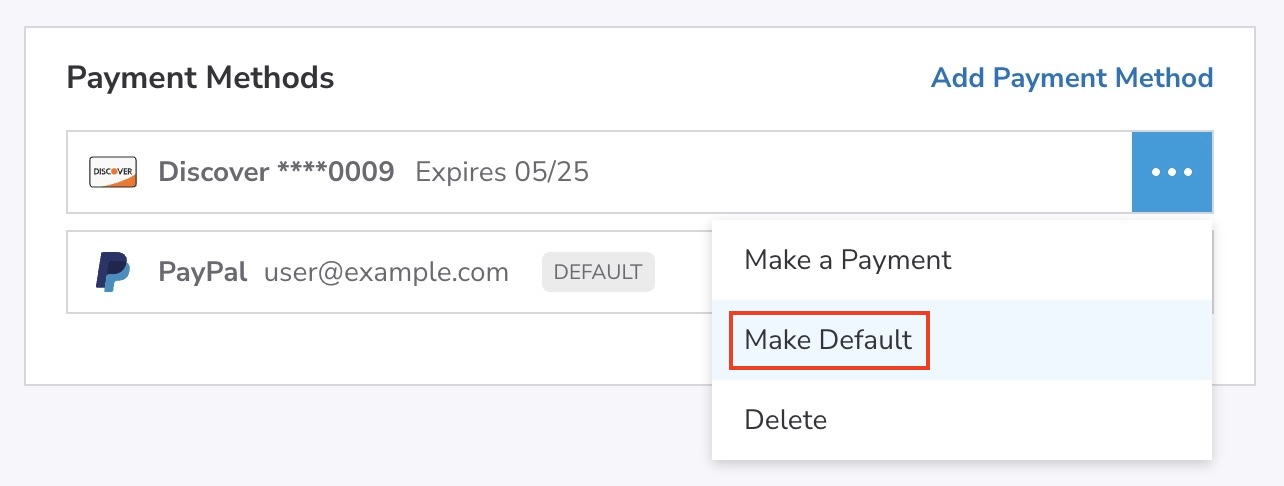 The Make Default button within a payment method's dropdown menu