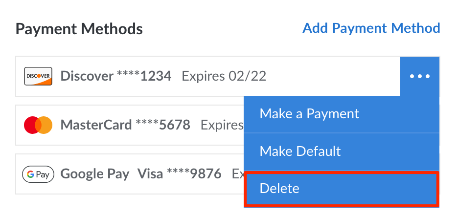 The Delete button within a payment method's dropdown menu