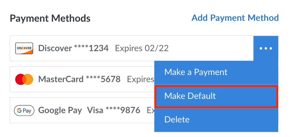 The Make Default button within a payment method's dropdown menu