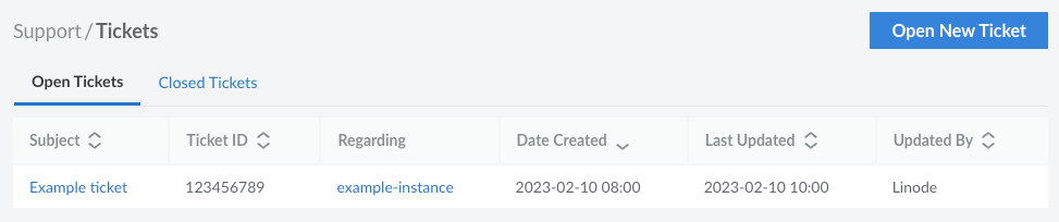 Screenshot of the Support Tickets page in <<CLOUD_PORTAL>>