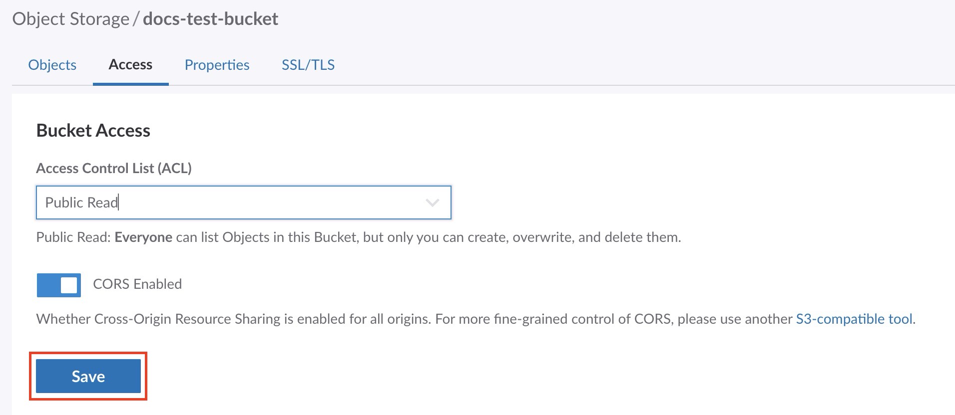 Object Storage Bucket Access Page Save Settings