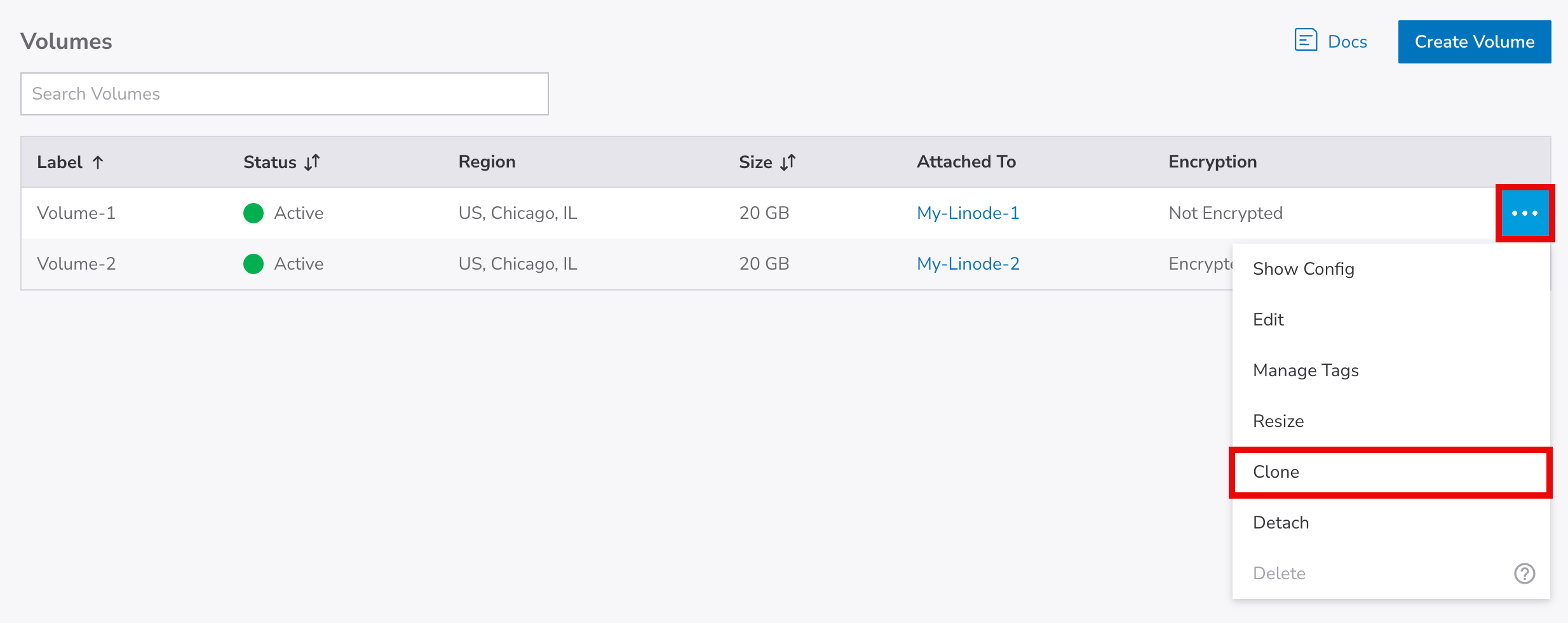 Screenshot of the Clone link for a Block Storage volume