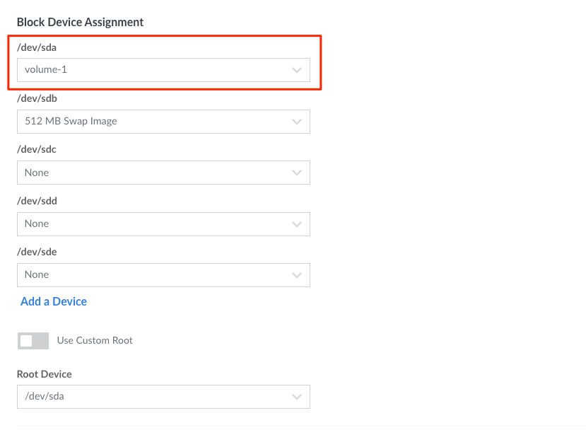 /dev/sda set to Block Storage volume