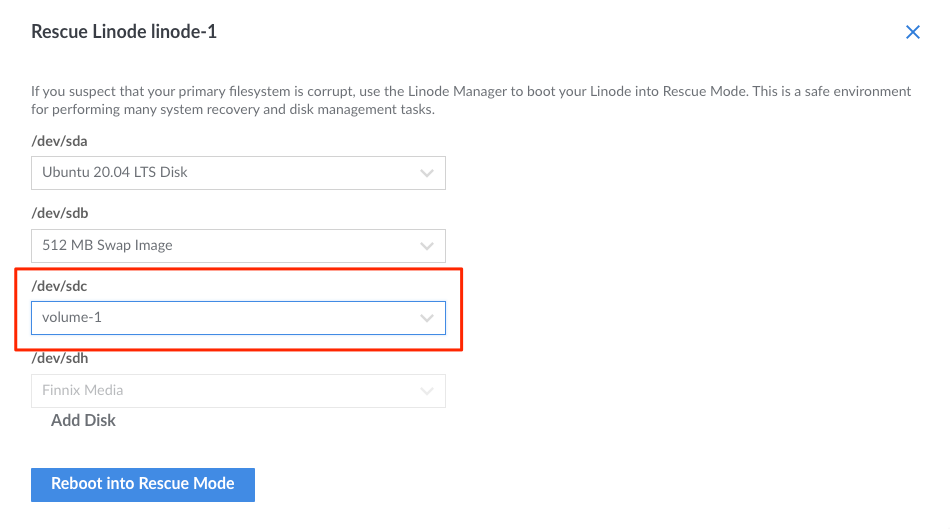 Mount the Block Storage volume as /dev/sdc and reboot into Rescue Mode