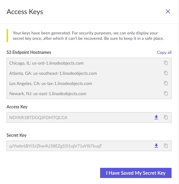 The access key and secret key displayed within <<CLOUD_PORTAL>>