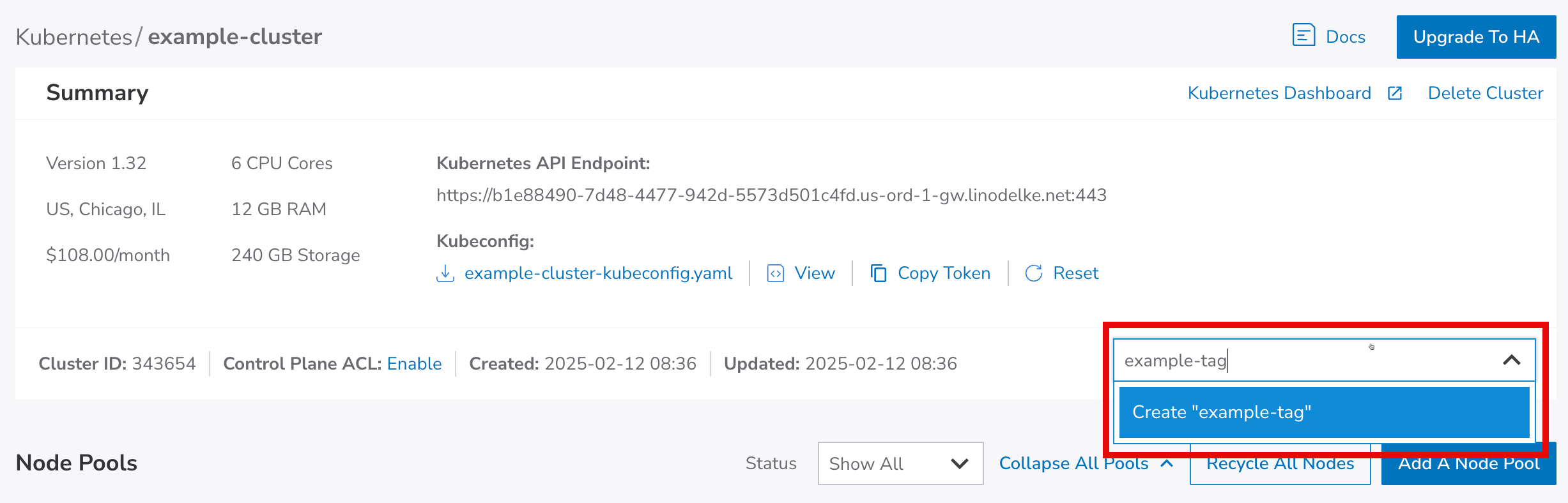 Create a new tag and add it to your LKE cluster