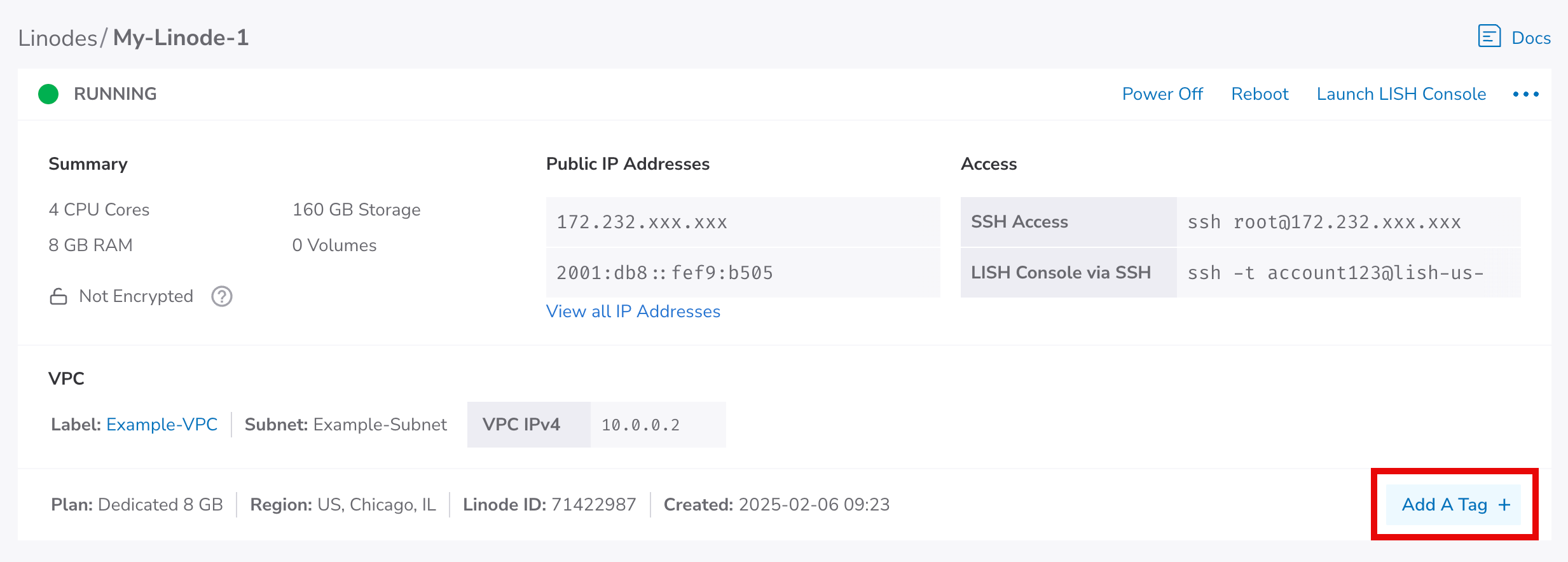 Location of Tags box for a Linode