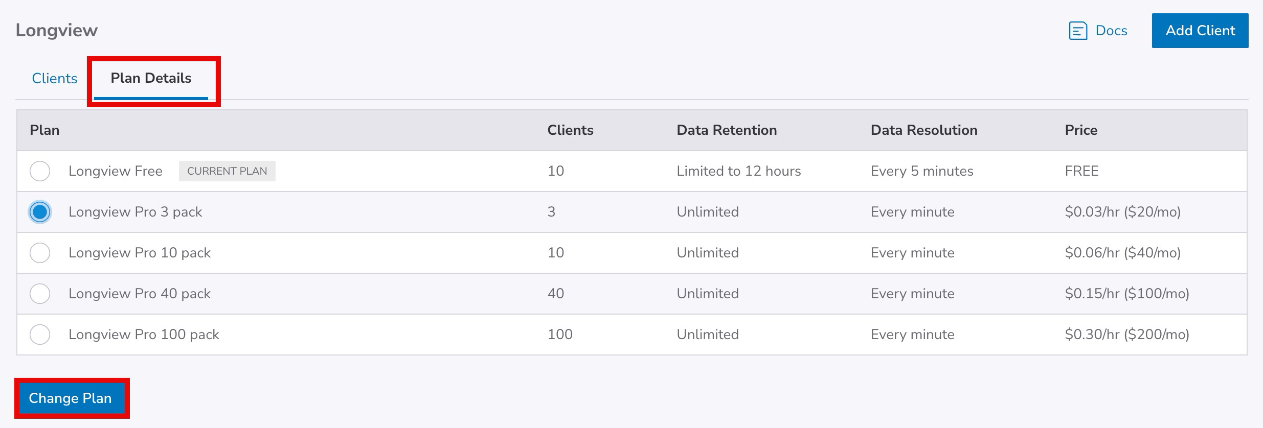 Screenshot of the Longview Plan Details screen in <<CLOUD_PORTAL>>