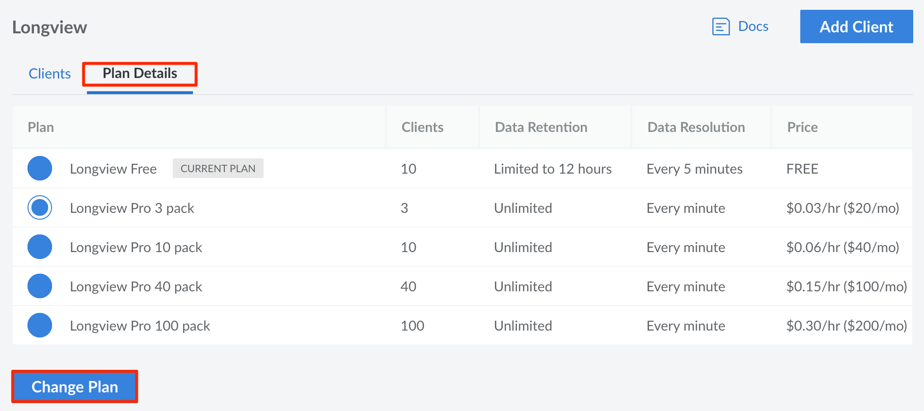 Screenshot of the Longview Plan Details screen in <<CLOUD_PORTAL>>