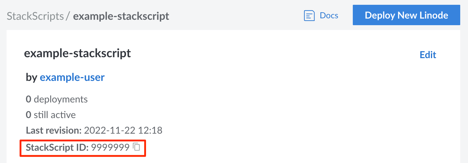 Screenshot of the StackScript ID in <<CLOUD_PORTAL>>